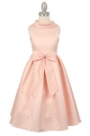 Girls Dress Style 1197 - SALE PEACH Collared Satin Dress with Front Bow